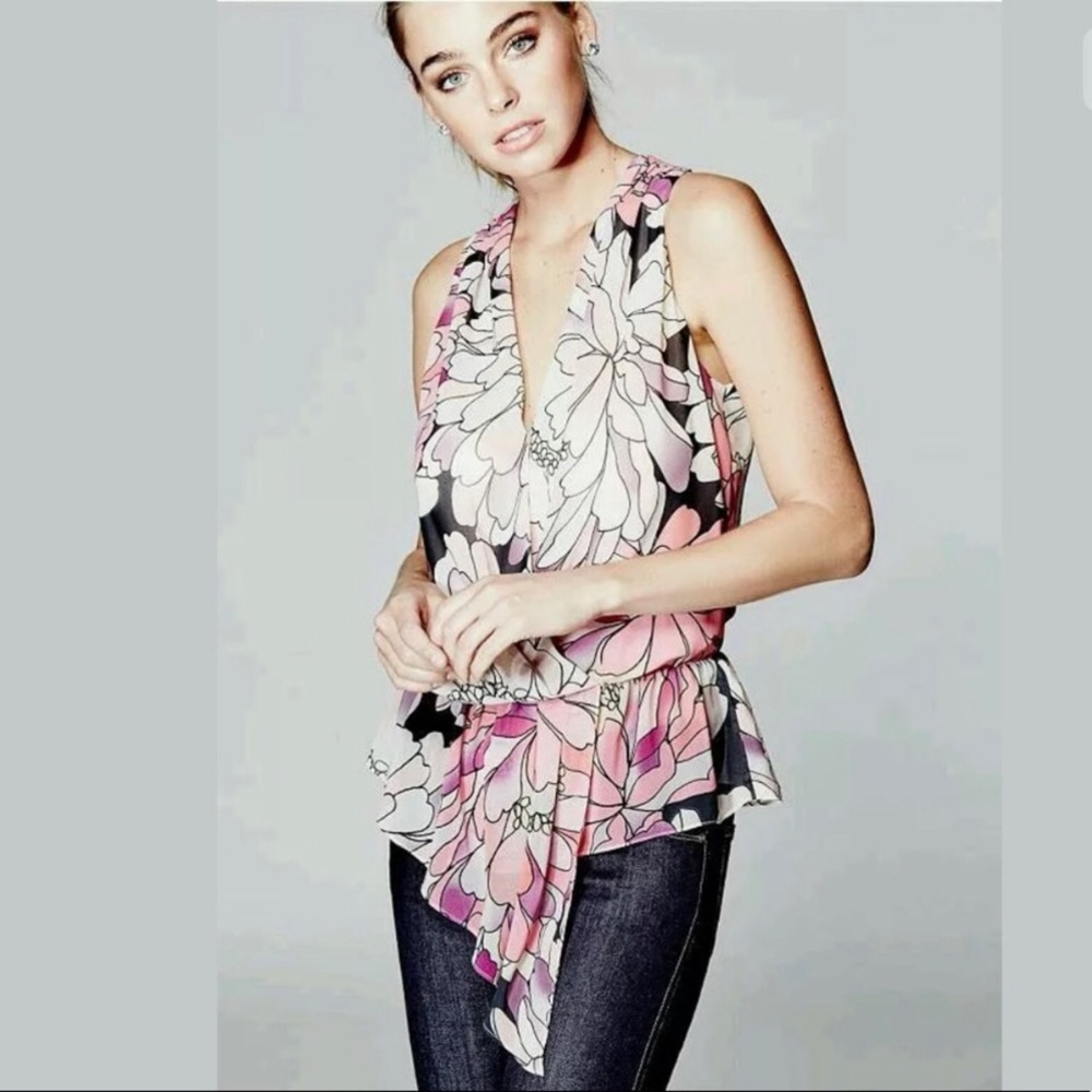 Marciano Floral Asymmetrical Peplum Chiffon Top